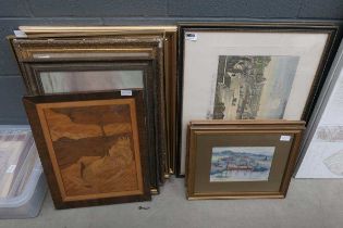Large quantity of assorted pictures, to include wooden picture of stalk, boats, country scenes,