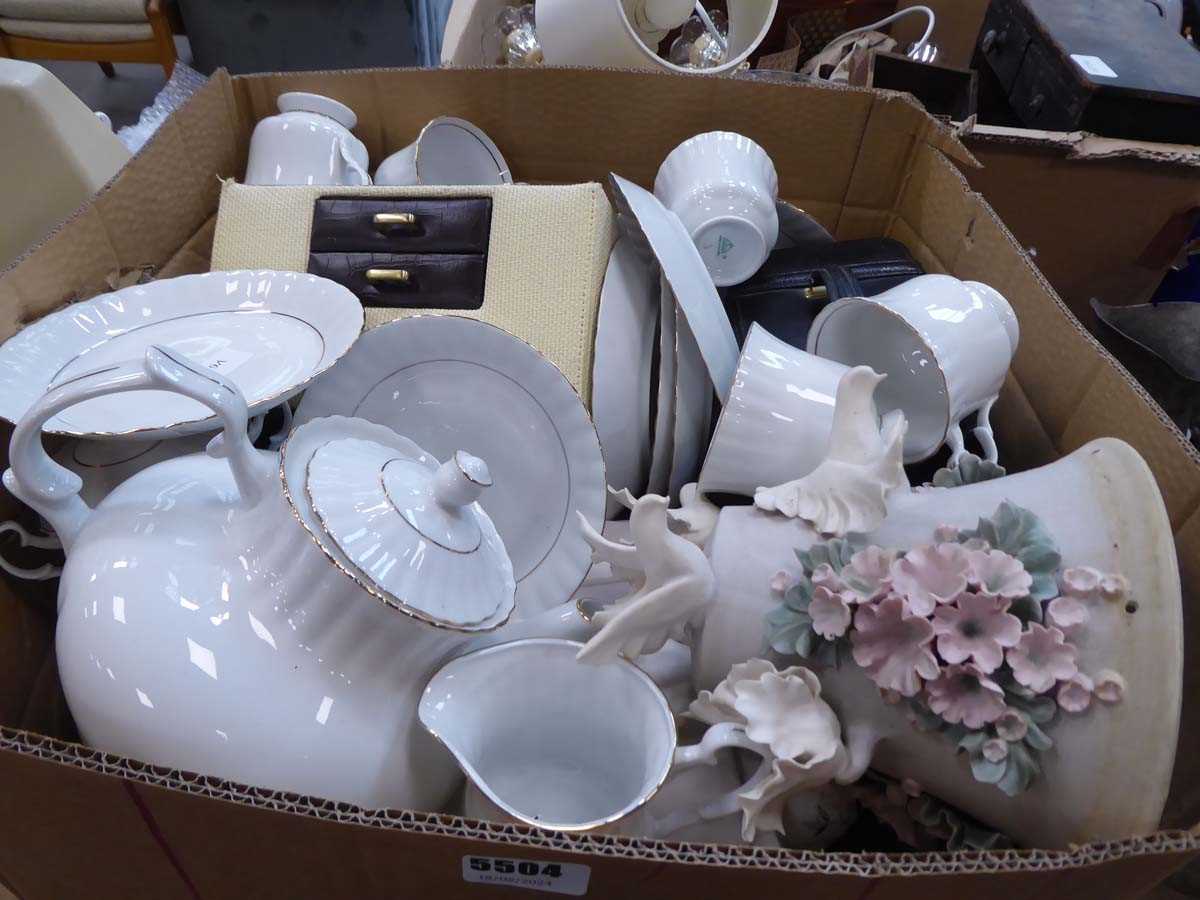 Box of household china to inc. white teacups and saucers, jewellery boxes etc.