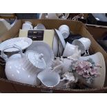 Box of household china to inc. white teacups and saucers, jewellery boxes etc.