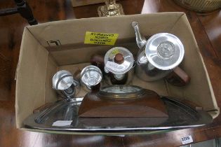 Box containing a quantity of metal ware, coffee pot, teapot, jugs and a barometer