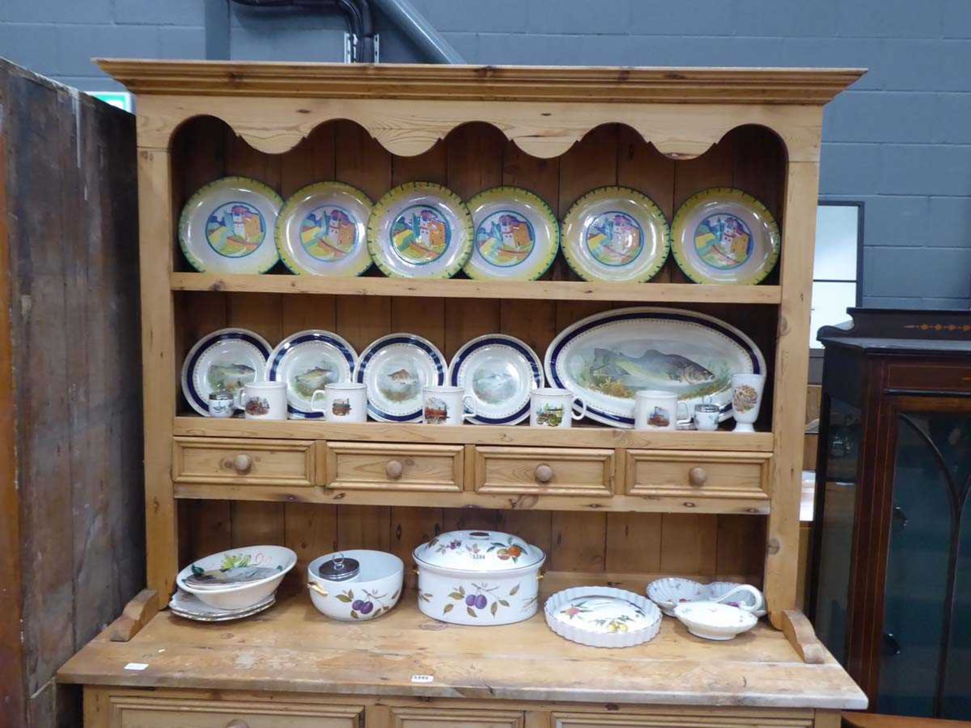 Large quantity of assorted china to include fish decorated plates, steam engine motif mugs,