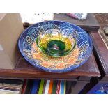 Blue and white decorated bowl and green glass bowl