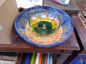 Blue and white decorated bowl and green glass bowl