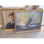 3 assorted pictures of sailing ships, young boy, and one other