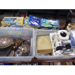 2 boxes of assorted items to include white metal trays,toast racks, teasmaid and Bible