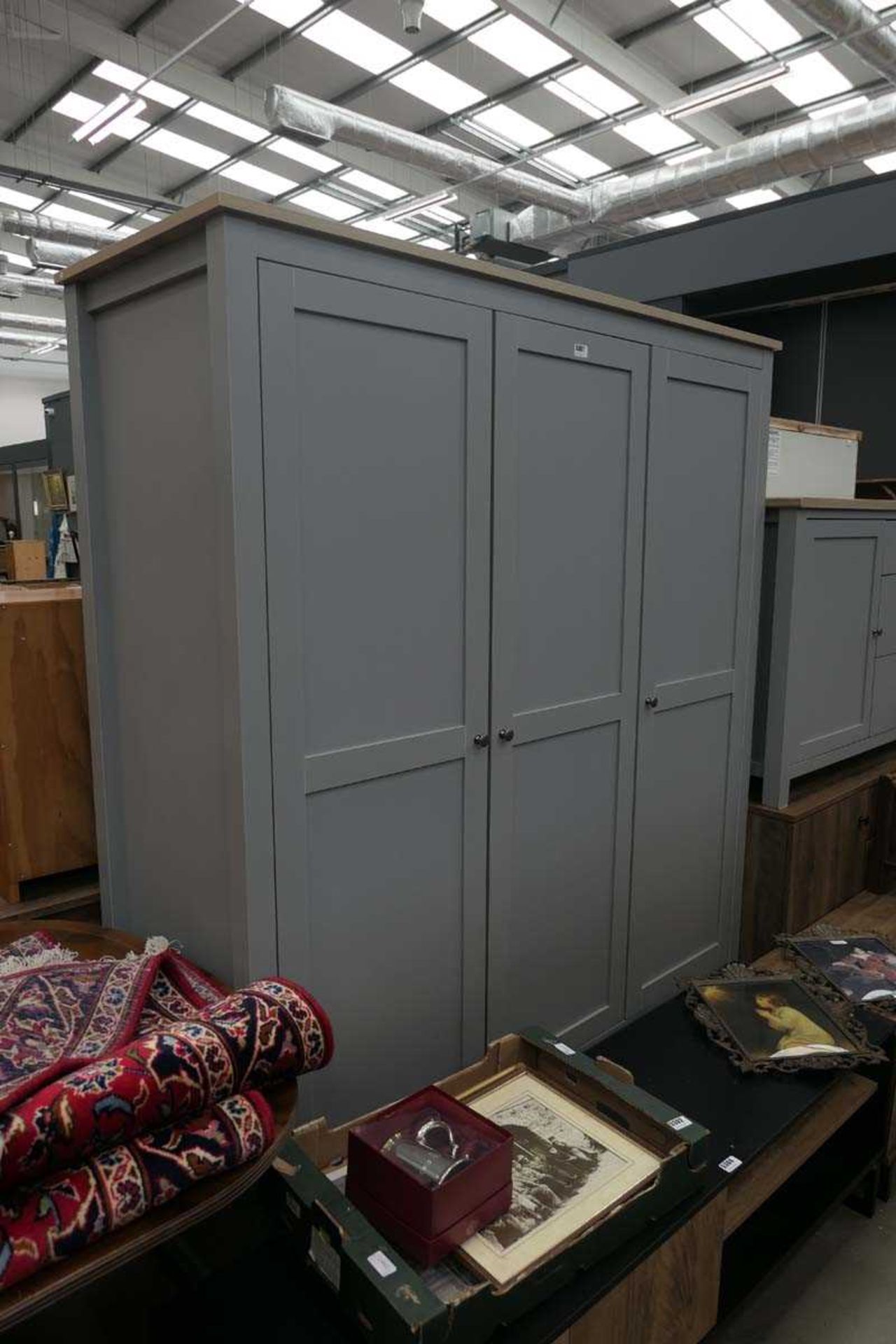 3 door wardrobe in grey with oak effect top