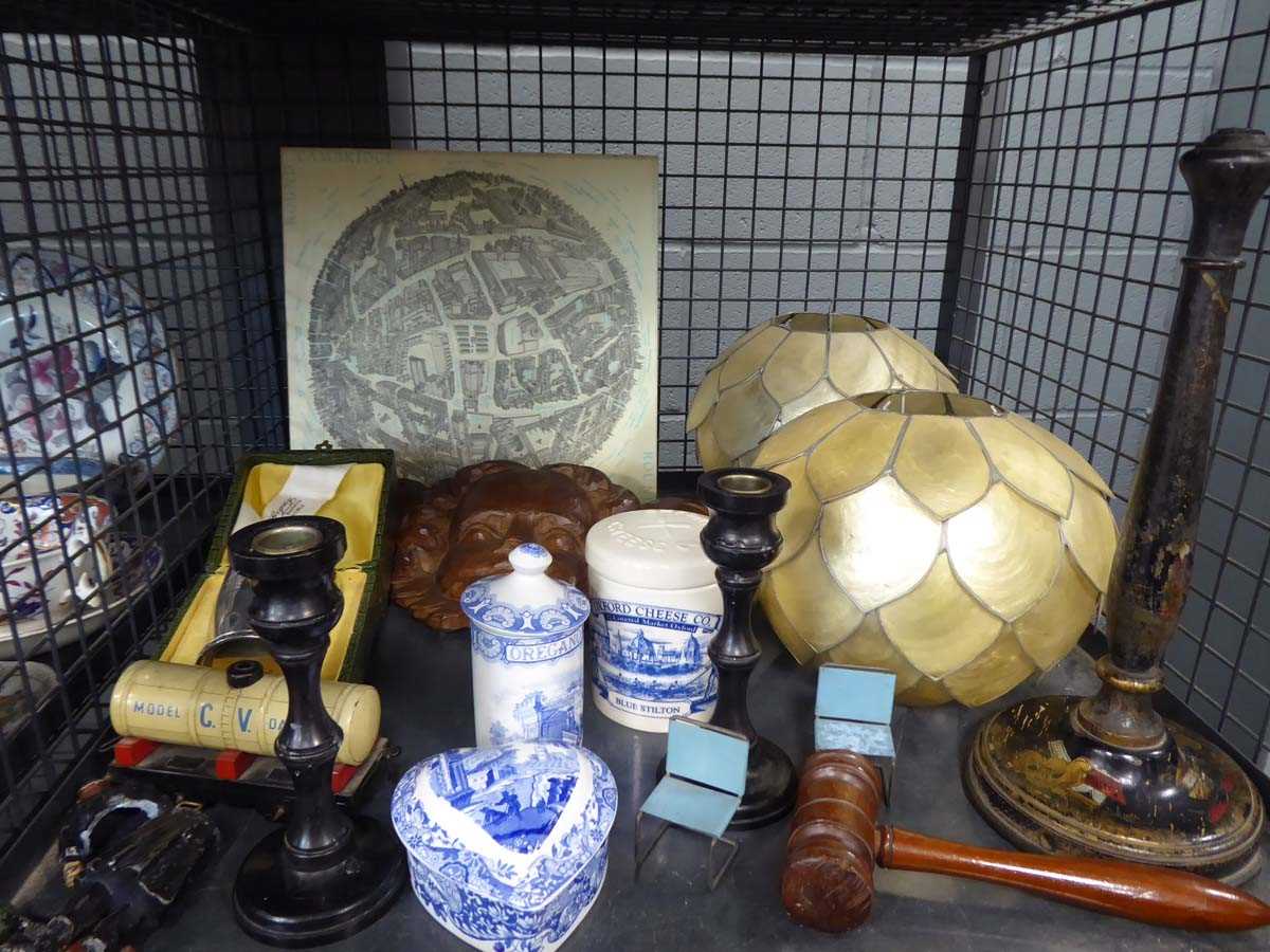 Cage containing assorted items to include Spode blue and white china, trinket boxes, figurenes, lamp