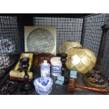 Cage containing assorted items to include Spode blue and white china, trinket boxes, figurenes, lamp