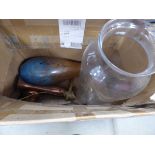 Box containing metalware vases, large glass vase and glass blue and brown vase