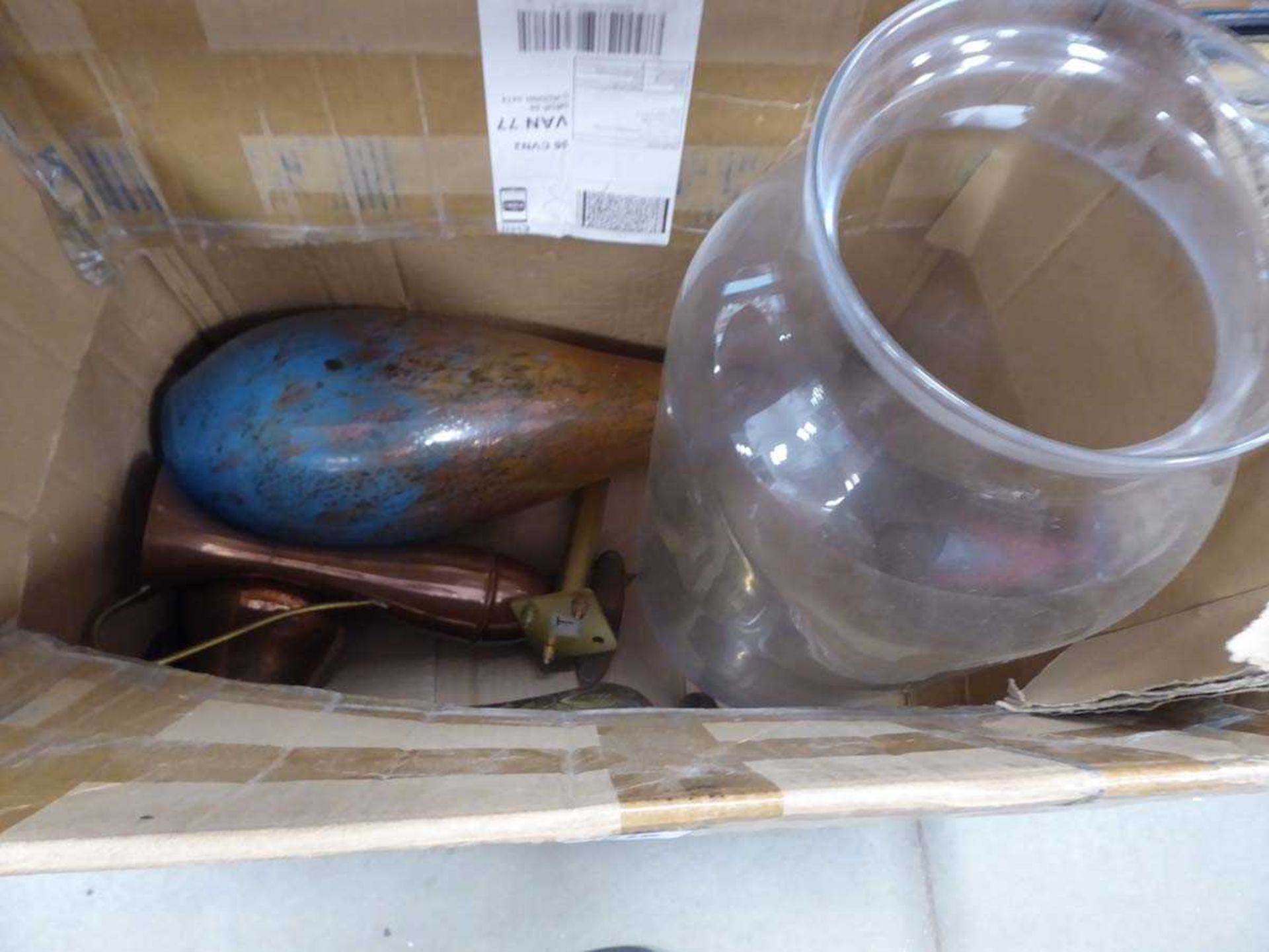 Box containing metalware vases, large glass vase and glass blue and brown vase