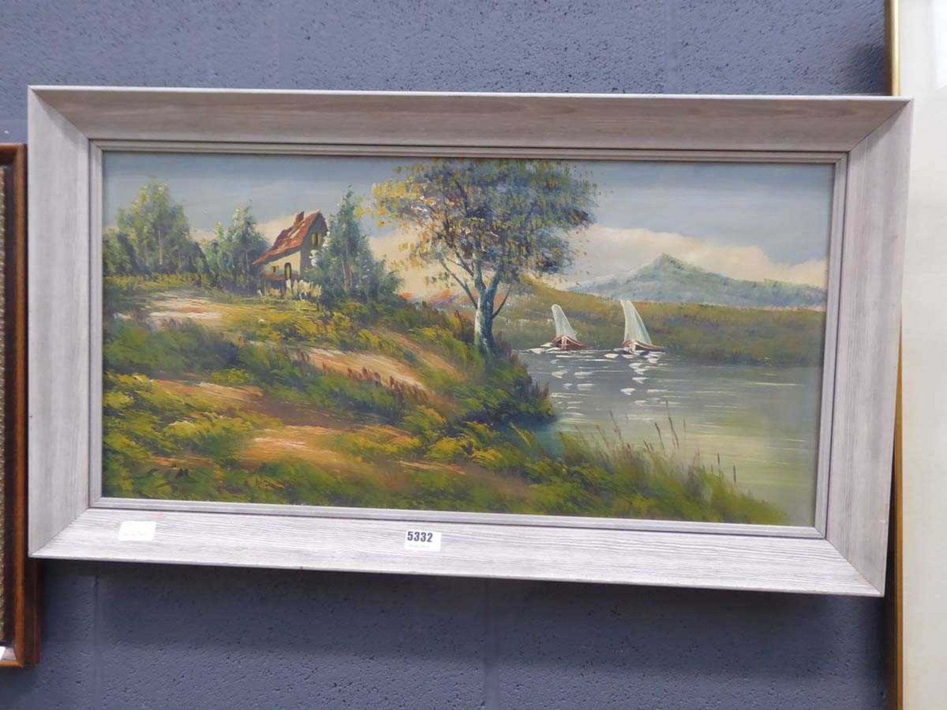 Framed oil on canvas - painting of lakeside scene