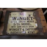 Metal enamel sign, entitled "Winget Open Drum Mixer"