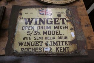 Metal enamel sign, entitled "Winget Open Drum Mixer"