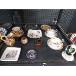 Cage containing assorted items to include Crown china by Royal Albert, glass paper weights, ash