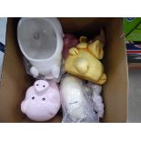 2 boxes of household china, piggy banks and glassware