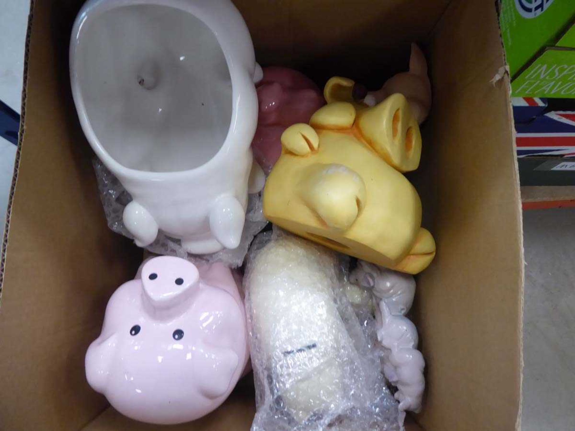 2 boxes of household china, piggy banks and glassware