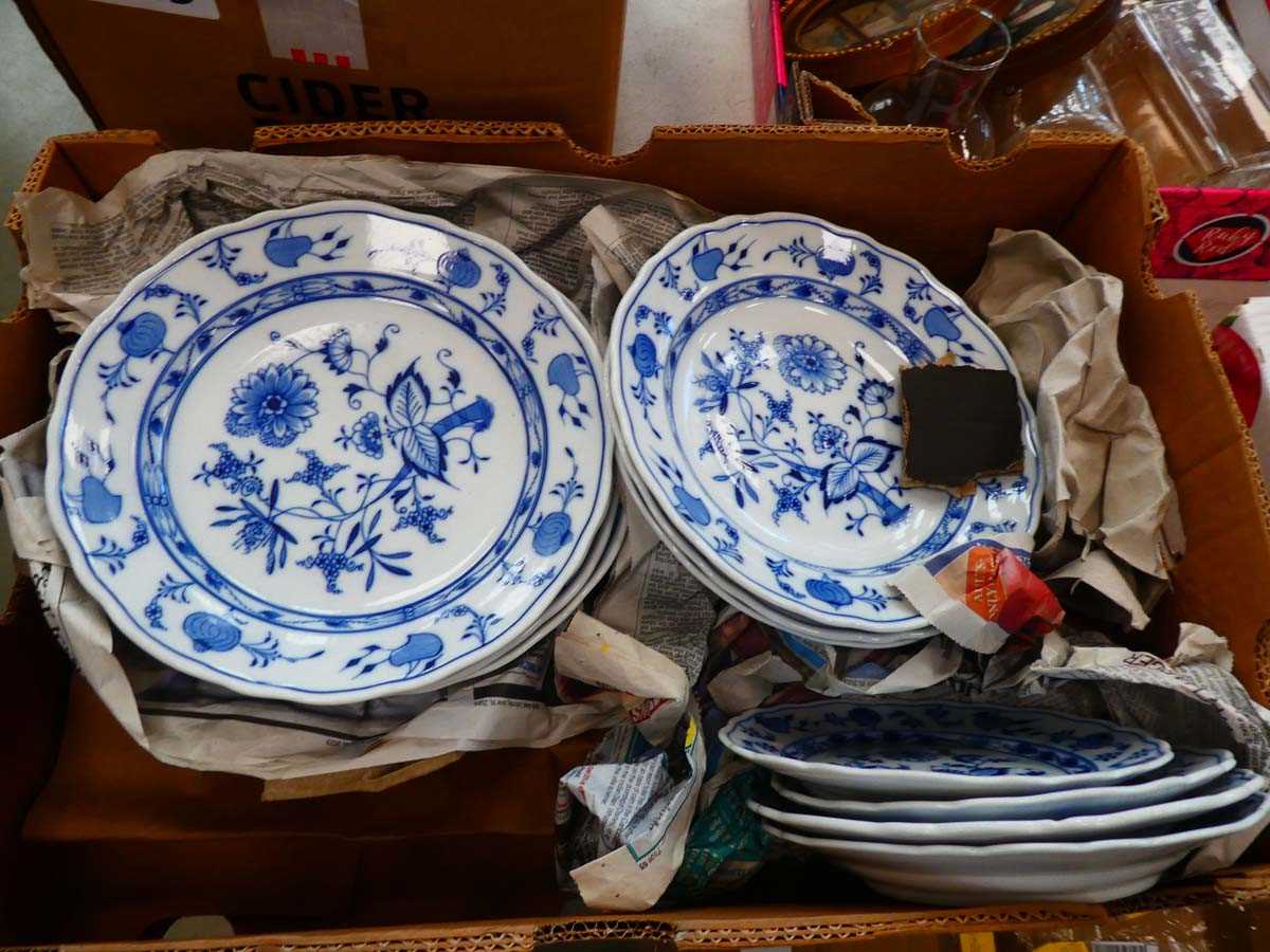 (1) Box of blue and white plates stamped Meissen