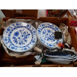 (1) Box of blue and white plates stamped Meissen