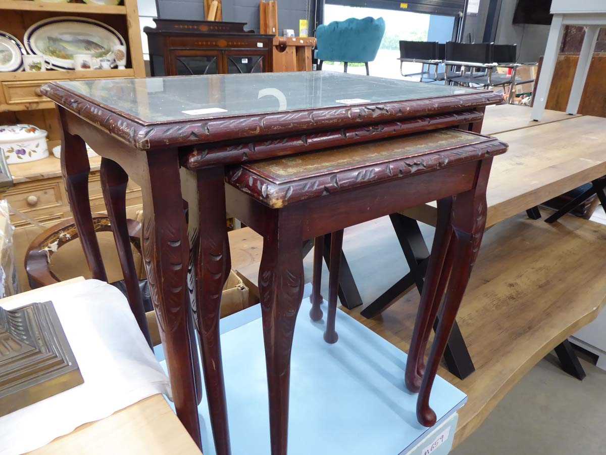 Nest of 3 tables with brown leather inserts