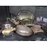 Cage containing white metalware to include coffee pots, teapots, trays, etc