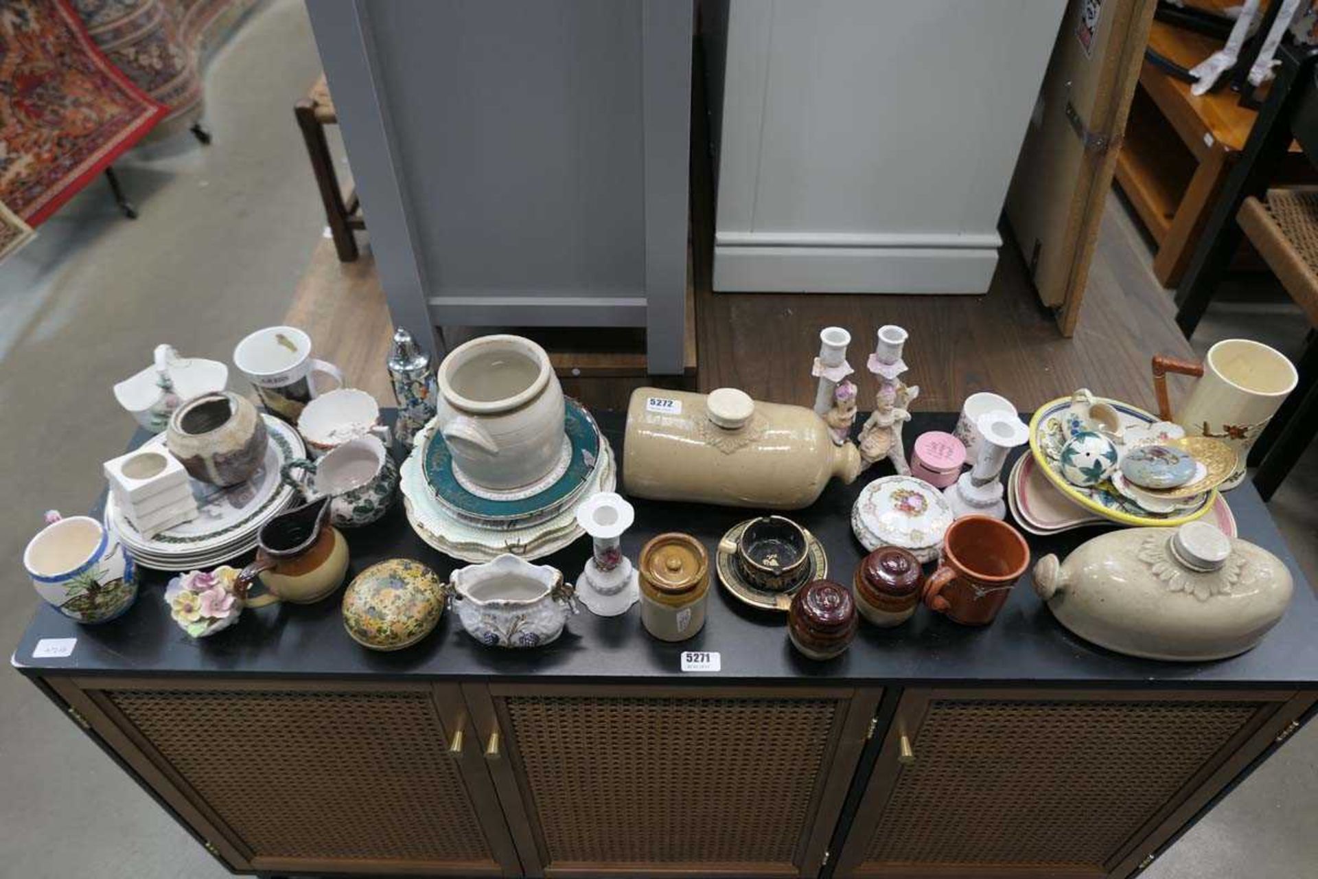 Quantity of assorted china to include plates, bed warmers, candlesticks and trinket pots