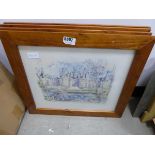 4 assorted pine framed pictures of street scenes and castles