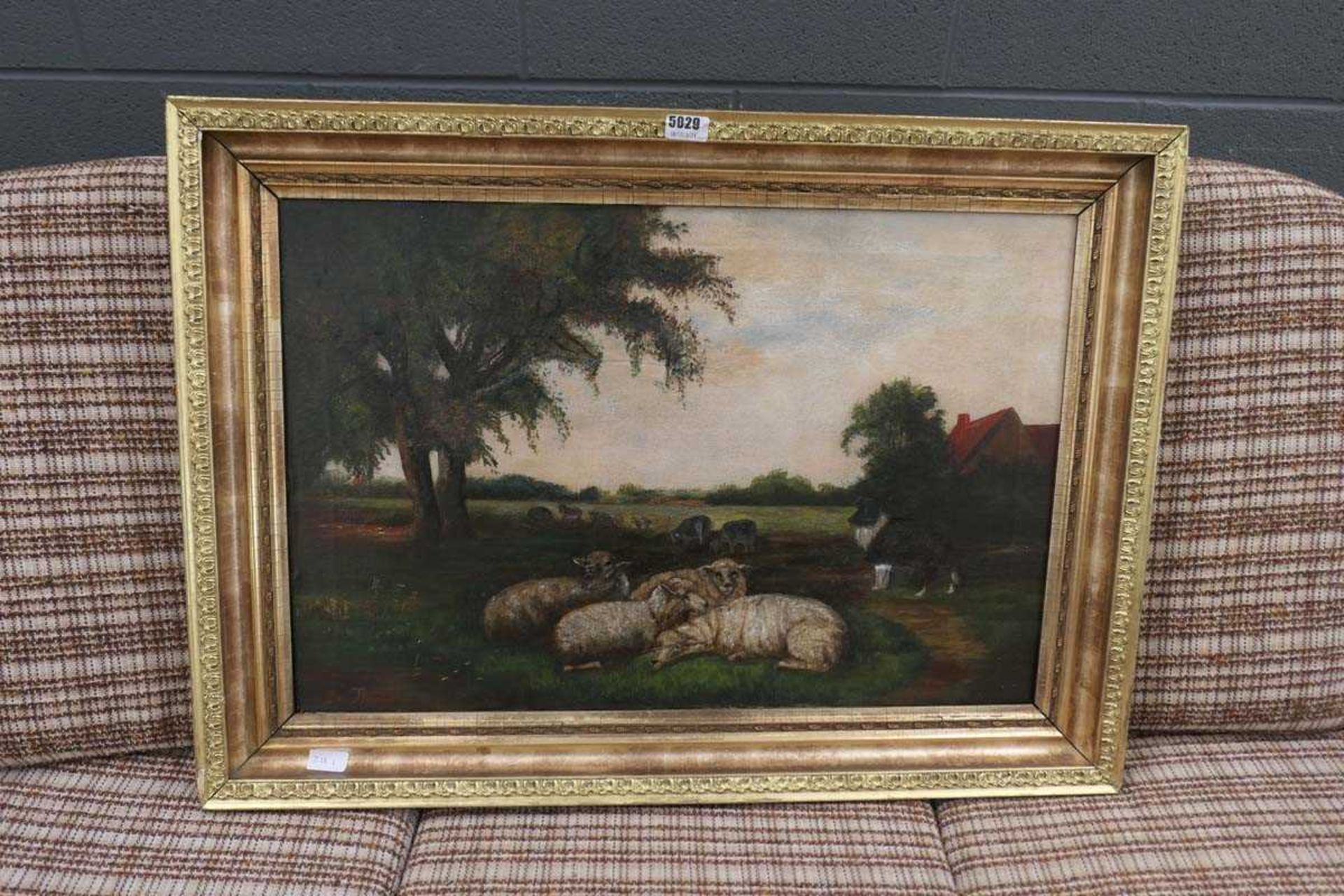 Oil on canvas, Sheepdog and sheep