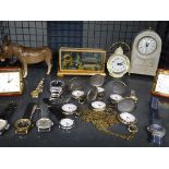 Cage containing Beswick donkey figurine, watches, fob watches and clocks