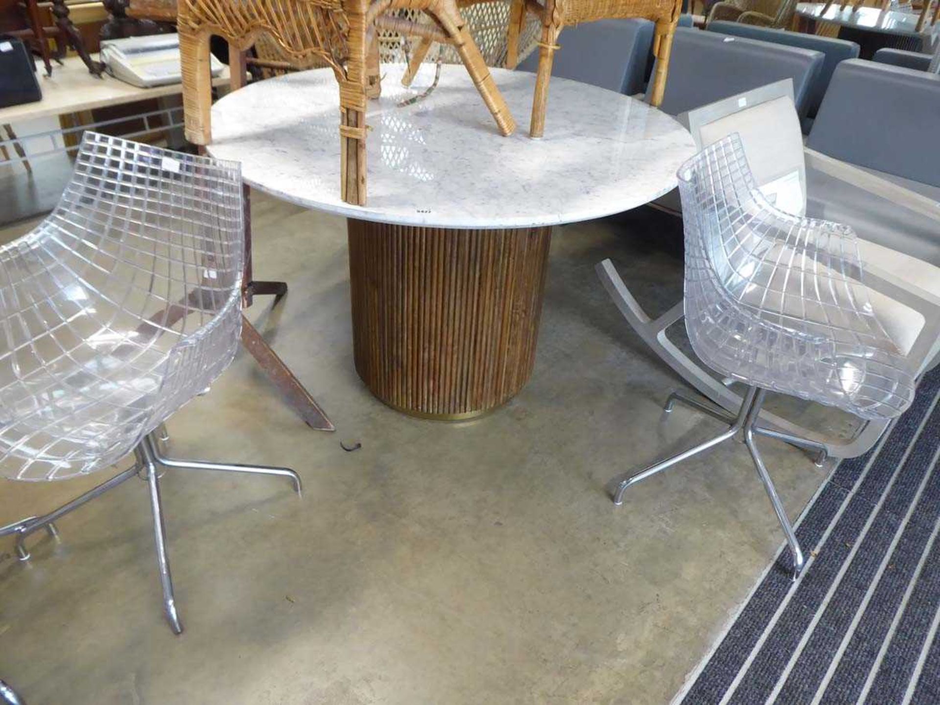 Circular marble topped table with turned wood base