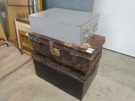Vintage metal deed box, military uniform trunk and twin index filer