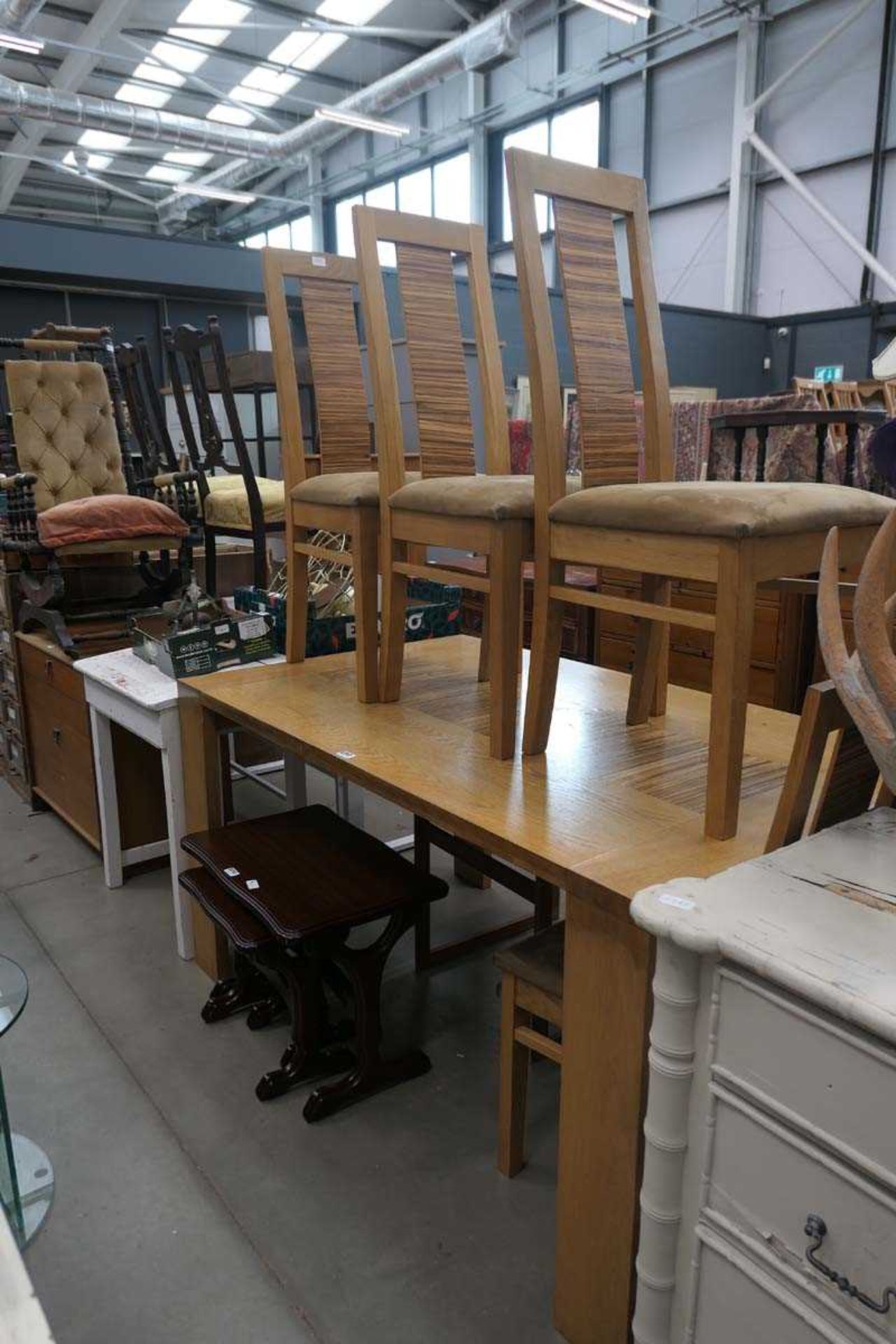 Oak kitchen table with tiger wood insert and 4 matching chairs in brown upholstery