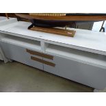 Glazed topped grey low sideboard with 2 drawers and 2 white painted single drawer bedside cabinet