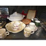 2 cages of mixed china to include Old Country Rose, large white terrine etc