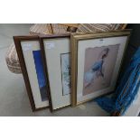 3 framed pictures of ballerina, partridges, and fighting cock