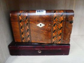 Small oriental painted box with a tea caddy containing tins and reels of cotton