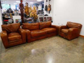 Brown leather 2 seater sofa with a pair of matching armchairs