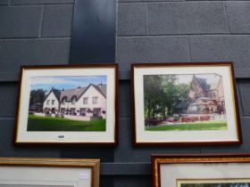 2 photographs of houses with putting green