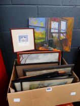 Box containing watercolours, oils and prints to include windmill scene, farm house etc