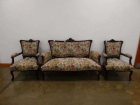 Heavily floral decorated 2 seater mahogany sofa with 2 matching armchairs