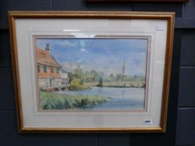 Watercolour of a river with church in background