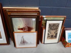2 stacks of pictures and prints showing boats, cathedral interior, street scenes etc