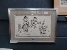 Framed and glazed pen and ink sketch by Gale called a Batsmanship (The Compleet Molesworth)