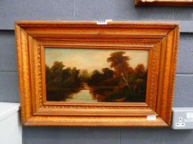 Oil on board - country scene with lake and woodland