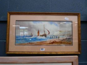 Victorian watercolour coastal scene with fishing boats