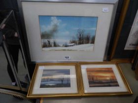 3 x watercolours - winter scenes with country cottages