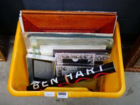 Box containing picture frames, loose poster, still life watercolours and Disney print