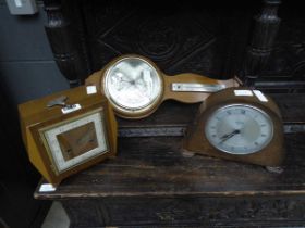 2 x 1950's mantel clocks plus modern barometer