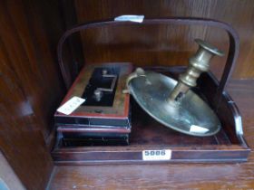 Edwardian tray, brass candlestick plus petty cash box