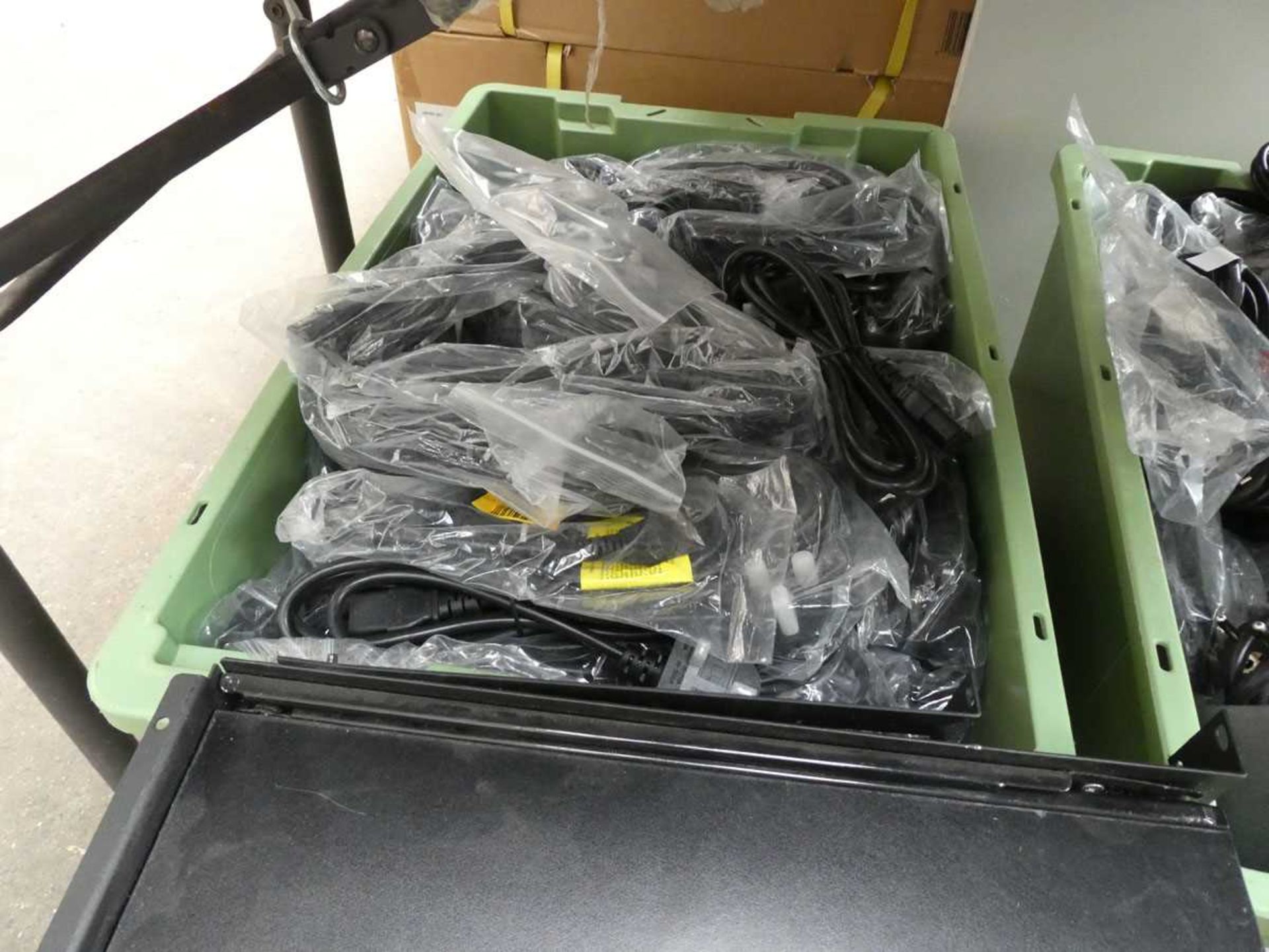 +VAT 2 large trays and contents of power leads, brackets, power supplies, rack tray etc - Image 2 of 2