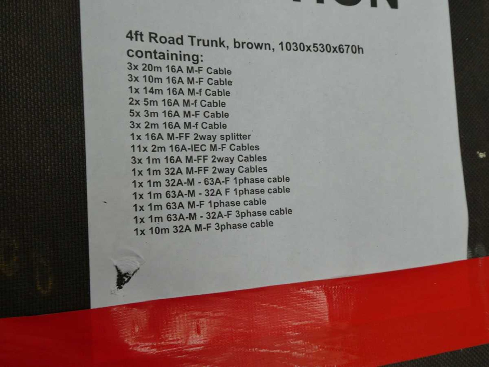 +VAT 4ft Road Trunk, brown, 1030x530x670h containing: 3x 20m 16A M-F Cable 3x 10m 16A M-F Cable 1x - Image 3 of 5